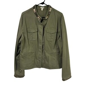 Military Utility Jacket Sequin Trim XL Olive Green Boho Glam Utility Safari